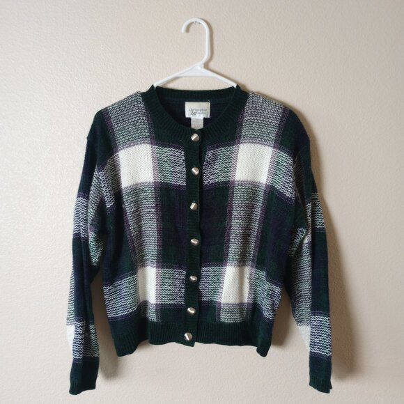 Preppy 90s Green Purple Plaid Cozy Cardigan Eclectic Buttons Christopher & Banks - Picture 6 of 6
